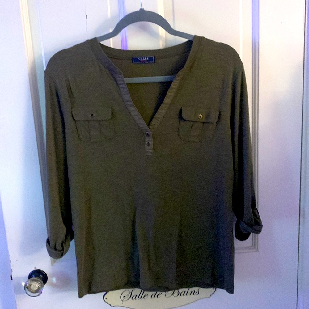 Chaps denim Ralph Lauren olive button vneck pullover